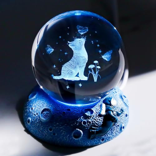 Kristall-3D-Katze und Schmetterling, 6 cm, Kugelfigur, Geschenke für Frauen, Glas-Tierkunst für Zimmer, mit Weltraumlicht, Andenken für Katzenliebhaber, Heimdekoration, Briefbeschwerer