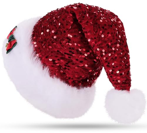 CITÉTOILE Weihnachtsmütze für Erwachsene, Deluxe Velours Nikolausmütze mit Soft Liner, Plüschkrempe Weihnachtsmann Santa Nikolaus Mütze mit Golden Pailletten Schneeflocke für Männer Frauen
