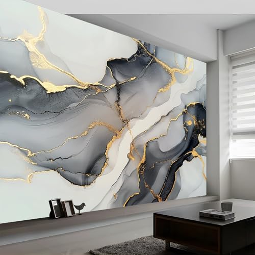 Fototapete Art Wandbild 350 x 256 cm (WxH) Tapeten Wandtapete, Grau Wanddeko Marmor Aquarellkunst Luxus Mustertapete Design Wand Dekoration Vliestapete Wohnzimmer Schlafzimmer Büro