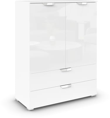 Rauch Möbel Glamour by Aditio Hochkommode, Kommode, Highboard, Türkommode, Schubladenschrank, 2-türig, 2 Schubkästen, Soft-Close, Farbe Hochglanz Weiß/Alpinweiß, 93x119x42cm