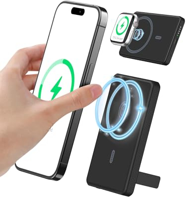 Auskang Magnetic Power Bank 5000mAh, Wireless Fast Charging Portable Charger, Foldable Stand Slim Power bank, Mini Battery Pack Compatible For iPhone 12/13/14 Plus/Mini Series (Black)