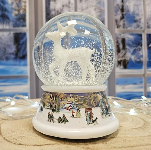 Schneekugel Rehe weiß Tannenbaum | Sockel Nostalgie weiß | mit Spieluhr | Schüttelkugel Weihnachtsdekoration | B: 10 cm H: 13 cm | 20254