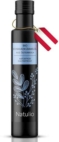 Natulio österreichisches Bio Schwarzkümmelöl kaltgepresst, ungefiltert und naturrein 250ml - sehr reich an Thymochinon, derzeit 2172mg/100g - sehr intensiver Geschmack - DE-ÖKO-006 zertifiziert