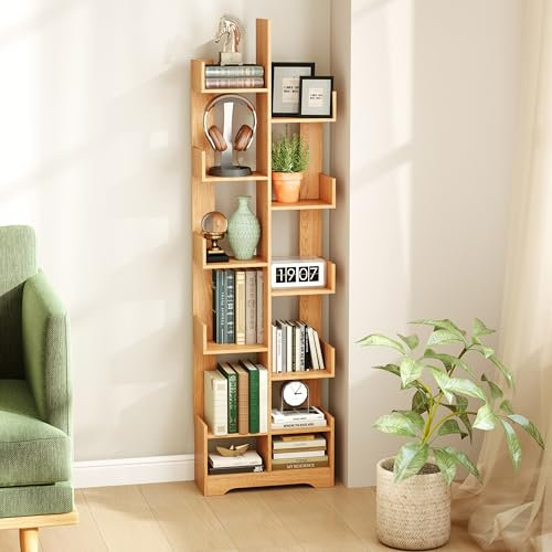 Nisorpa 10 Tier Tree Bookshelf, Wooden Book Tree Display Shelf, Corner Book Shelf Floor Standing, Tall Bookcase for Living Room, Study Room, Home, Office, Light Oak