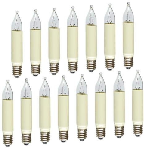 Erzgebirgslicht - AUSWAHL - 15 Stück Kleinschaftkerze 34V 3W E10 für 7 Brennstellen Ersatzbirne Glühbirne Minischaftkerze Glühlämpchen für Lichterketten Pyramide und Schwibbogen (keine LED!)