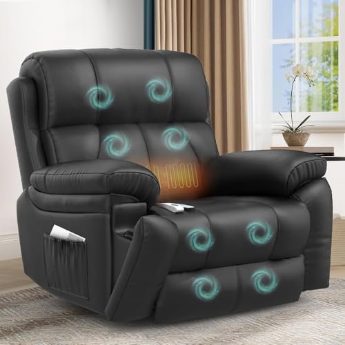YONISEE Fernsehsessel Relaxsessel Elektrisch Massagesessel mit Liegefunktion Aufstehhilfe, Massage Heizung, Fußteil, 2 Seitentaschen Getränkehalter, TYP C USB-Anschlüsse Liegen Leder (Schwarz Neu)