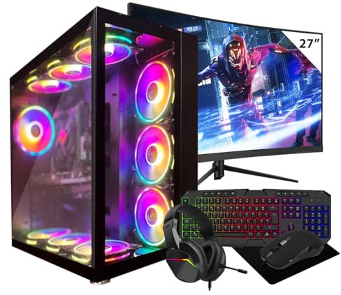 Computek Gaming PC - 27 165Hz Curved Gaming Monitor Bundle - Intel Core i9 11900F - Nvidia RTX 4060 8GB Graphics - 32GB RAM - 1TB NVMe SSD - 600w 80+ PSU - Win 11 - WiFi - 10 Fan Black RGB Case.