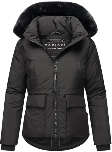 MARIKOO Damen Winterjacke (XS-XXL) - leicht, 6 Taschen, teils mit Teddyfell, Kapuze mit Kunstfellkragen, Warme Jacke Frauen - N005 (L, Schwarz)