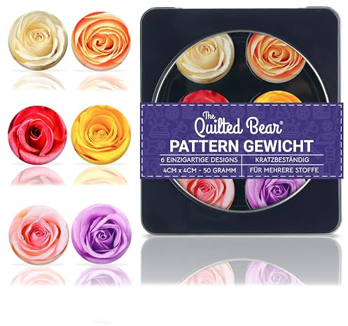 The Quilted Bear Fabric & Paper Pattern Weight Set, Roses | 6 Unique Designs with Storage Box, Pin-Free Pattern Cutting, Fabric Safe, Scratch Resistant, 4cm, 50g, for Sewing & Quilting
