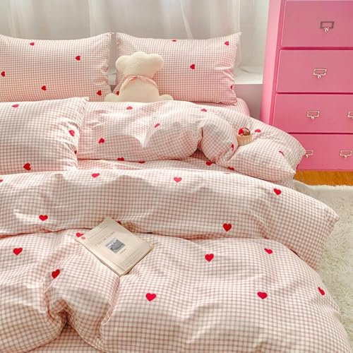Nayoroom Bettwäsche 135x200 Rosa Weiß Kariert mit Roten Herzen Bettbezug Set 2teilig Herz Muster Aesthetic Cute Renforce Mikrofaser Herzchen Bettwäsche-Sets mit Reißverschluss und Kissenbezug 80x80 cm