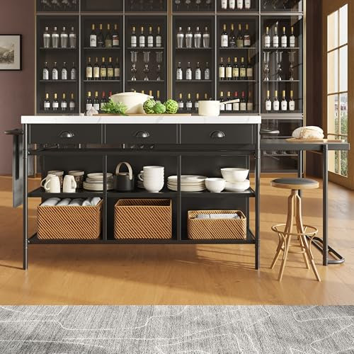 Soweiz Isla Industrial de Cocina con Mármol Artificial Extensible, 3 Cajones, Mueble Multifuncional para Comedor, Carrito con Encimera de MDF y Estante