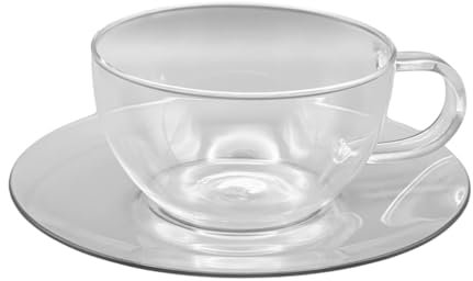 C&S Homestore Clear Glass Tea Cup and Saucer Set – 400ml (13.5oz) – Heat Resistant, Clear Glass Tea Cup – Elegant Drinkware for Tea, Coffee, and Latte