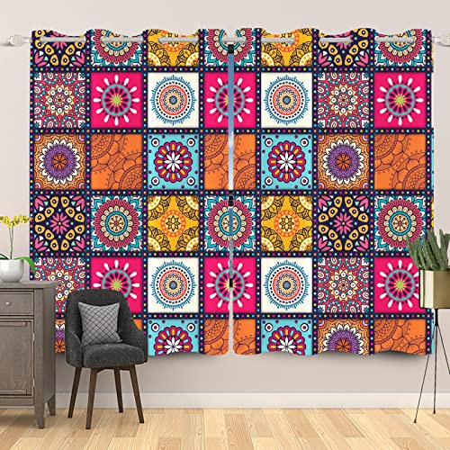 ggaimwf 117x138cm Boho Patchwork Rideau à œillets Multicolore Mandala Abstrait Marocain Motif Isolant Thermique Œillets Occultant Rideaux pour fenêtres Chambre Salon Cuisine,2 Panneau
