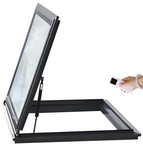 Tragaluz Eléctrico Personalizado, Aleación de Aluminio + Doble Acristalamiento, Resistente a Impactos, Motorizado, Control Remoto, Fácil Instalación, para Ático, Invernadero, Techo, Sótano(Gray,LxW 60