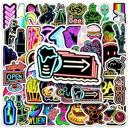 Nurila Aufkleber 53 Stück Neon Cool Sticker Set,Wasserfeste Aufkleberfür Laptop Skateboard Scrapbook Trinkflasche MacBook IPad Handy Tagebuch Tassen Moped Fahrrad Koffer Notizbuch usw