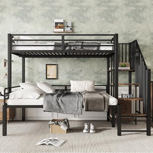 BENMWS Letto in ferro da stiro, 90 x 200 cm e 120 x 200 cm, adatto per bambini e ragazzi, armadio a scala angolare con vano portaoggetti, ferro e MDF, nero e colore legno vintage