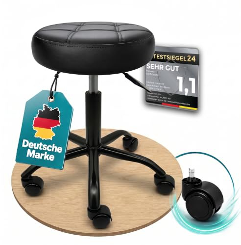 Movaro Rollhocker mit Metall-Basis und leisen Softrollen [Neues Modell] - höhenverstellbar, 360° drehbar, kratzfrei und stabil – ergonomischer Hocker mit Rollen | Arbeitshocker | Bürohocker [Schwarz]