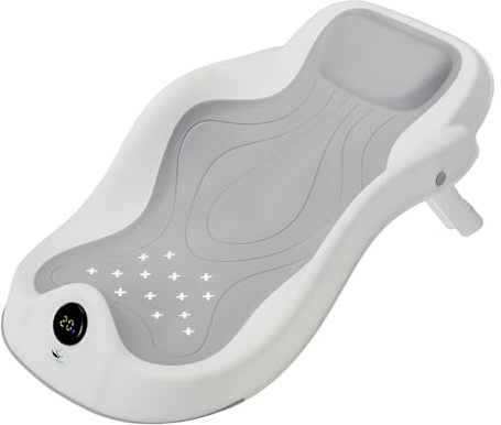 Smart Baby Bath seat – with Temperature Gauge, Safety Frame, wall-mountable, Bath mat for Newborns. Ergonomic Bath seat for Baby Baths (Grey)