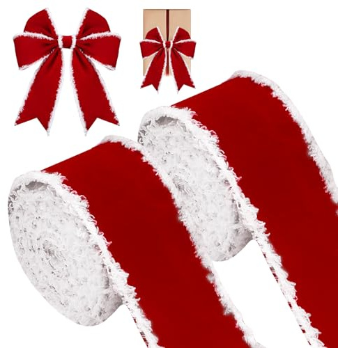 2 rollos de cinta de Navidad con alambre, 6,3 cm x 5 m, cinta de regalo de Navidad ancha, cinta de terciopelo rojo con borde, cinta decorativa para árbol de Navidad, cinta de Navidad para manualidades