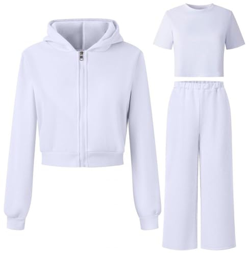 Generisch Mädchen Jogginganzug 3-teilig mit weiter Hose - Set aus Zip-Hoodie, Sweathose und Top · Lässiger Trainingsanzug für Sport und Freizeit