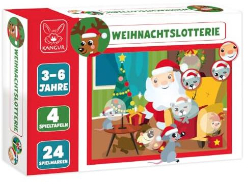 Weihnachtslotterie Spiel für Kinder 3–6 Jahre – Lernspiel mit 4 Spieltafeln 24 Spielmarken Konzentrationsspiel für Weihnachten Kita & Zuhause