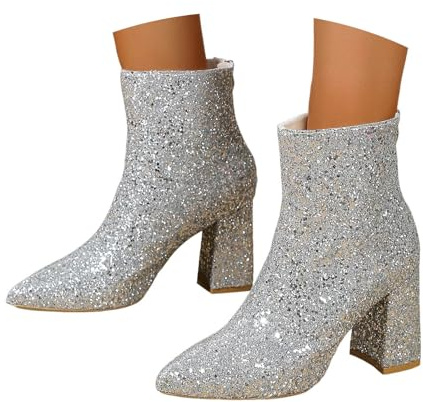 EQWIGKEIT Stivali con glitter da donna classici stivaletti comodi stivali invernali con tacco a blocco, scarpe corte eleganti con tacco alla caviglia barca con paillettes, B7 argento, 39/EU