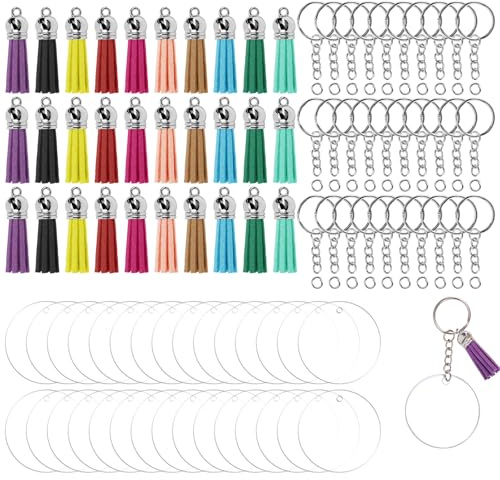 Lot de 120 Porte Cle Acrylique Transparent | 30 Rond Acrylique Vierge, 30 Anneau Porte Clef, 30 pompons colorés et 30 Anneaux de Pliage, pour DIY