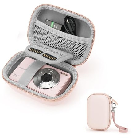 LUVDECO EVA & PU Digital Camera Case - Small Travel Compact Camera Holder with Waterproof Wear-Resistant Zipper, Detachable Hand Strap, Inner Compartment & Mesh Pocket for SD Card (Pink)
