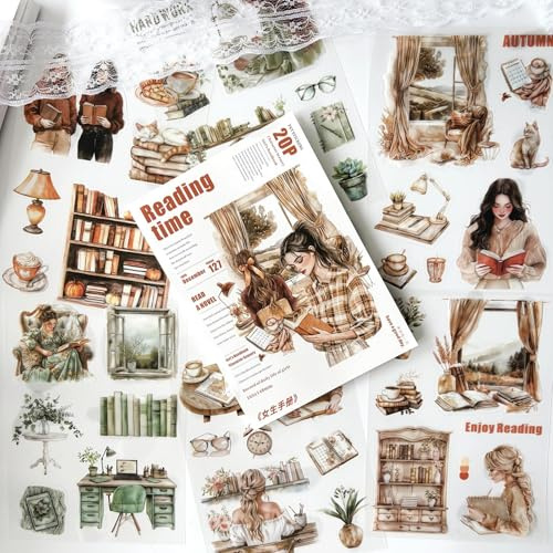 20 Blätter Scrapbook Zubehör,Reading Thema Scrapbook Stickers Book Fü Journaling,Geeignet Für Bullet Journaling,Fotoalbum,Computer,Scrapbooking(Reading Time)