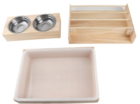 CHICIRIS 3-in-1 Großer Kaninchen-Heu-Futterspender mit Katzentoilette und 2 Schüsseln, Hasentoilette aus Holz für Meerschweinchen, Chinchilla, Hamster, Kleintiere, Anti-Kipp-Design,