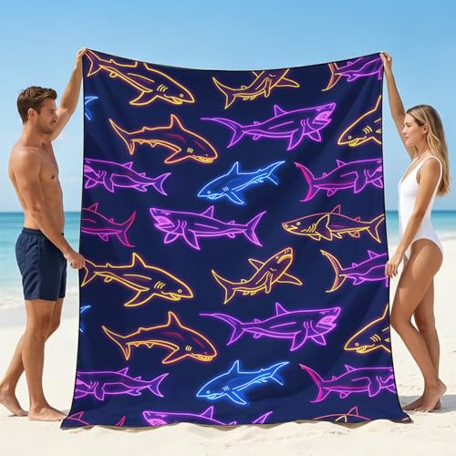 Violetpos Toalla de playa de microfibra, grande, 150 x 200 cm, con patrón de tiburón neón, sin arena y de secado rápido, toalla de playa para playa, piscina y viajes