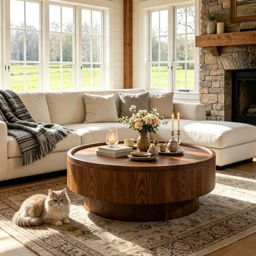 80 cm Runder Couchtisch mit Stauraum, Walnut 30.7 in