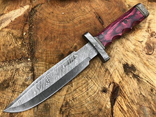 Perkin Knives Damastmesser Jagdmesser mit Scheide - Jagdmesser Bowie (Griff aus rotem Holz)