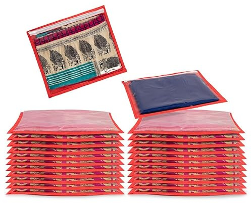 Homestrap Set of 24 Single Saree Covers | Transparent Top, Foldable & Zip Closure | Clothes Storage Bag & Wardrobe Organizer | Dust & Moisture Resistant Organizers |Red,Polypropylene