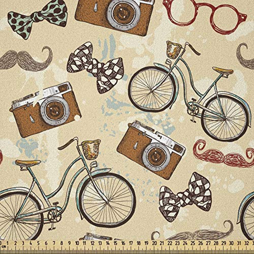 ABAKUHAUS Fahrrad Microfaser Stoff als Meterware, Hipster Gentleman Theme, Deko Basteln Polsterstoff Textilien, 2M (148x200cm), Beige Braun