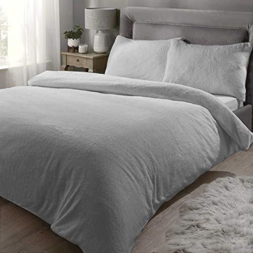 Rapport Teddy Bear Luxurious Super Soft Warm Duvet Quilt Duvet Cover Bed Set, Silver, Double