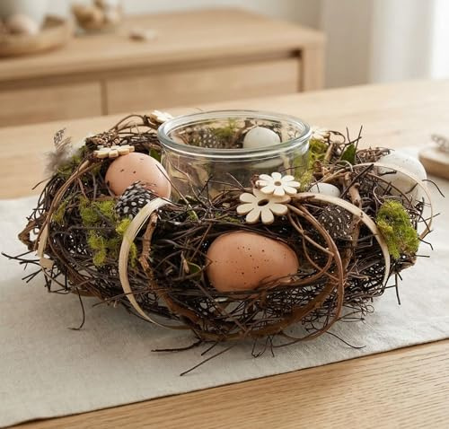 Dekoleidenschaft Osterkranz mit Windlicht, Ø 24 cm, Reisigkranz mit Moos, Holz-Blumen & Kunststoff-Eiern, Tischkranz, Dekokranz