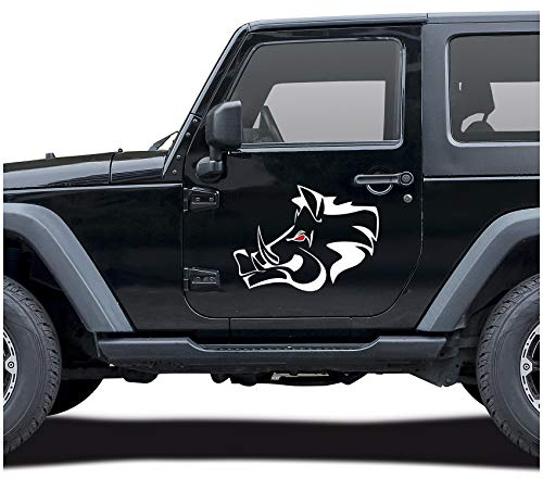 Wildschwein Aufkleber Folie Dekor für Auto Kfz Zubehör Keiler Kopf Motiv Wildsau Eber Jagen Jäger Förster Jagd Autoaufkleber (Weiß, Groß Set KX042 KX064)