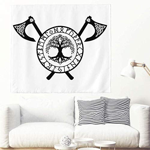 Schwarzer ethnischer Baum des Lebens Viking Rune Totem Tapisserie Wandbehang Celtic Tree Runes Crossed Axes Tattoo Wandverkleidung Nordic Mythology Tapisserie-95 x 73 cm_Weiß