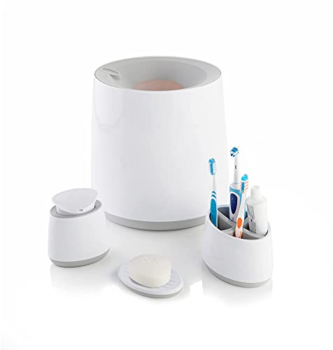Minky Bathroom Accessory Bundle, 4 Pieces Bathroom Set Includes: Waste Bin, Storage Caddy, Soap Dish, Soap Dispenser, Bathroom and Toilet Accessories, White & Light Grey