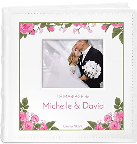 Maverton Album photos à pochettes - Album Photo personnalisé avec une poche ouvrable sur la couverture - Cadeau mariage - Cadeau personnalisé - Livre photo pour mariage - roses