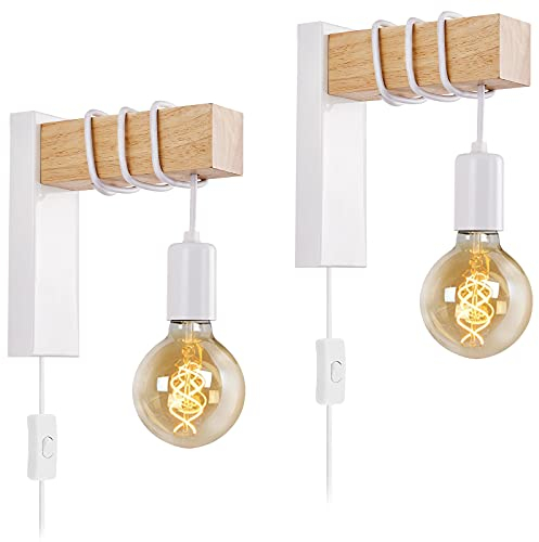 Industrial Wall Light Sconces Set of Two with Cord, Plug in White Wall Lamp for Bedroom Bedside Reading Living Room Farmhouse Wood Wall Mounted E27 Lights Fixture with Switch Lighting