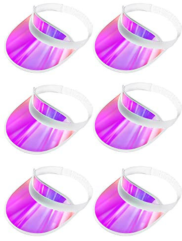 6 Packs Iridescent Pink Plastic Sun Visor Hat UV Protection Colored Clear Golf Hats Adjustable Beach Transparent Visor Cap for Women Men Outdoor Sports