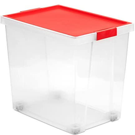 Tatay Caja de almacenamiento con tapa, capacidad de 60 l, con asas y ruedas, tapa de polipropileno reciclado, transparente, libre de BPA, rojo. Medidas 37 x 51 x 45 cm
