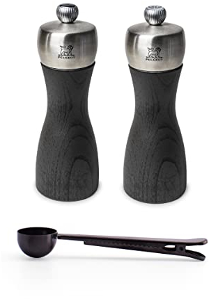 Peugeot - Fidji Manuelle Salz- und Pfeffermühle, Geschenk-Set – Verstellbares Mahlwerk – Buchenholz und Edelstahl, Graphit-Finish, 15,2 cm – mit Edelstahl-Gewürzschaufel & Clip