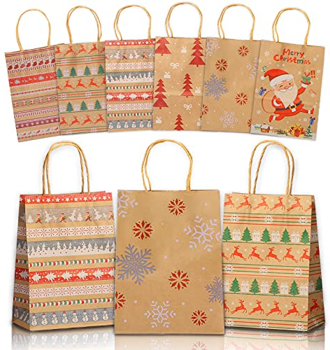 Weihnachten Geschenktüten, 12 Stück Weihnachts Kraft Geschenktaschen, Geschenkbeutel mit Tragegriff, Tasche mit weihnachtlichem Aufdruck, Für Weihnachtsfeier, Geburtstagsfeier