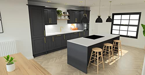 Go Kitchen Go-Shaker Graphite Grey Fitted Kitchen With Kitchen Island & Complete Kitchen Units Gold Kitchen Handles & Tap With Integrated Fridge & Oven Unit, One size