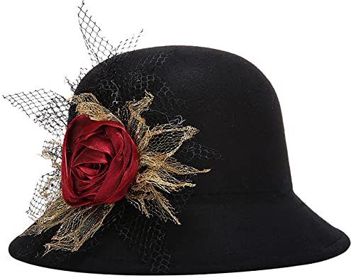 Damen Filz Blumen Kirche Bowler Hüte - 1920er Jahre Vintage Wolle Glocke Eimer Hut Elegant Becken Hut Fedora, Schwarz-Stil 1, Medium