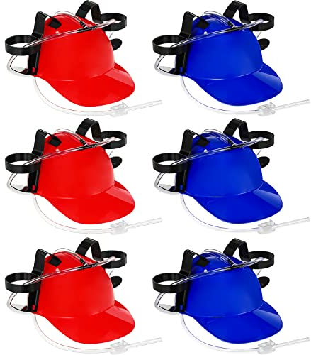 Sureio 6 Pieces Juice Helmet Can Holder Soda Hat Beverage Helmet with Straw Funny Hat for Men Women Adults Party Supply(Red Blue)