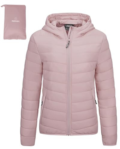 Outdoor Ventures Veste matelassée légère et pliable pour femme - Veste d'hiver chaude avec capuche - Doublée avec poches - Pour les loisirs, la randonnée, les voyages, Rose pâle, L